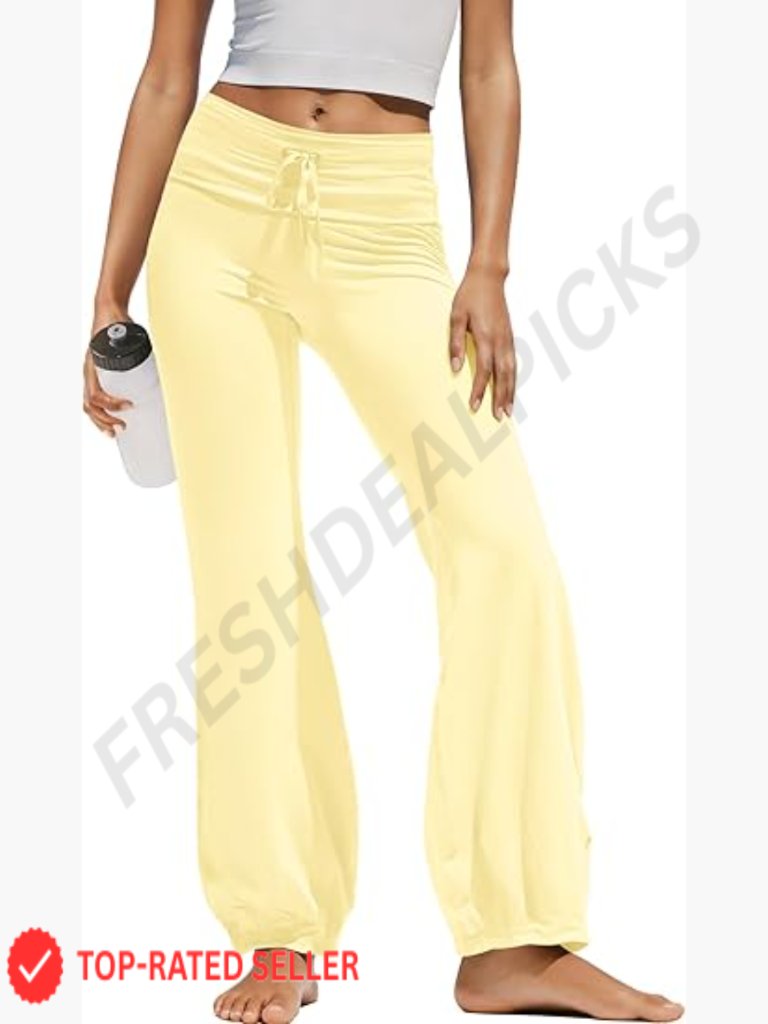 High Waisted Wide Leg Flare Yoga Pants Drawstring Fold Over Workout Athletic